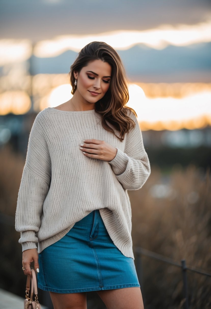 A woman in a loose sweater and skirt, looking heavier