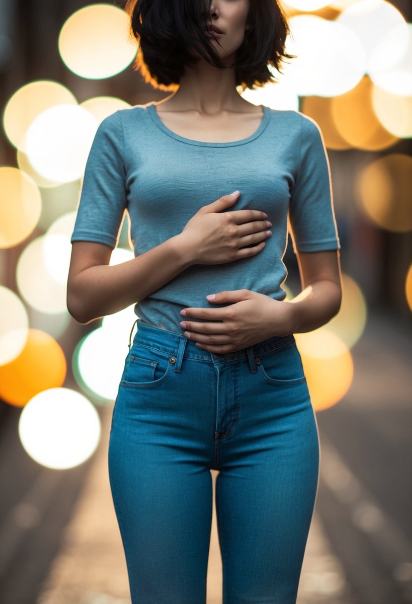 A figure in ill-fitting clothes, hiding wrists, waist, and neck