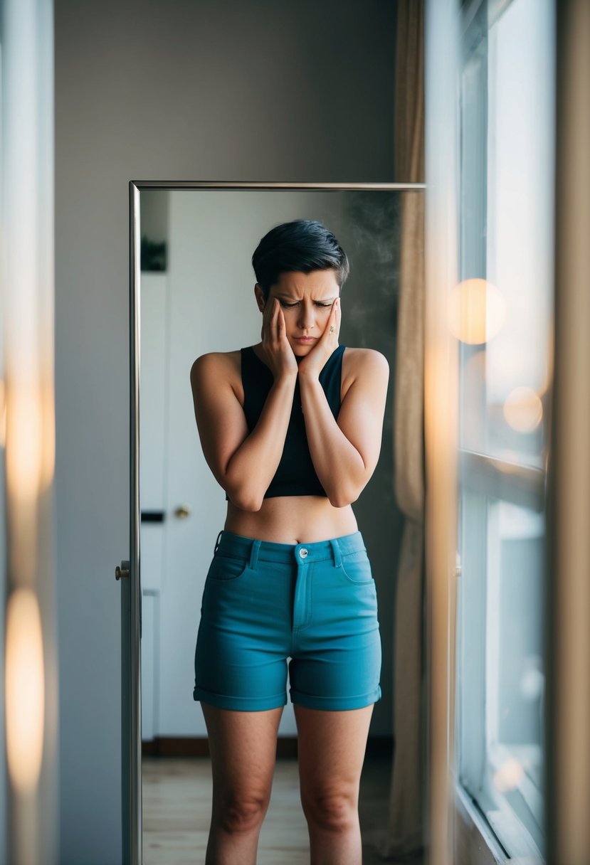 A person standing in front of a mirror, wearing too-short shorts, looking unhappy with their reflection