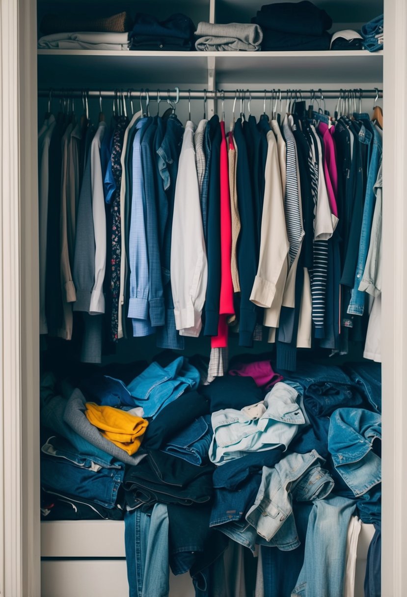 A closet filled with ill-fitting, shrunken clothing items, overflowing and bursting at the seams