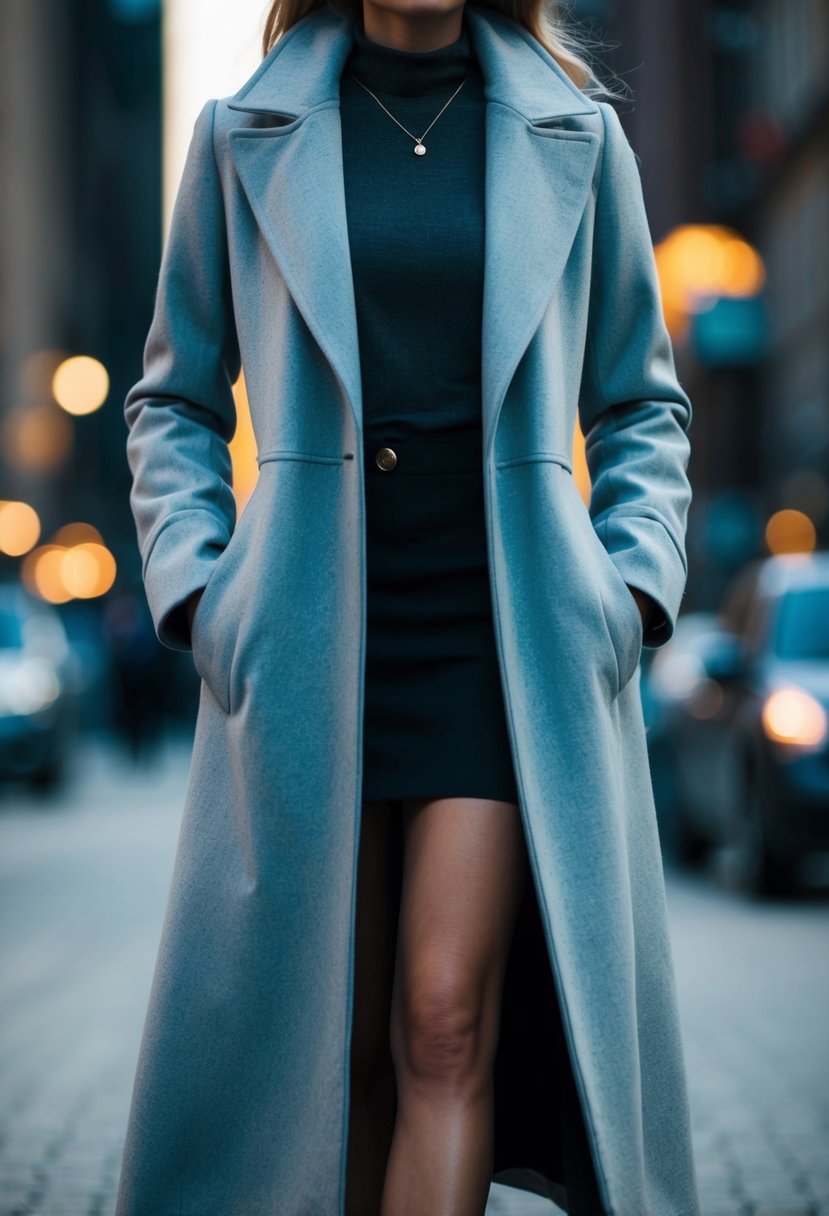 A figure in a long coat with a skirt or dress peeking out below, creating a visually unflattering effect