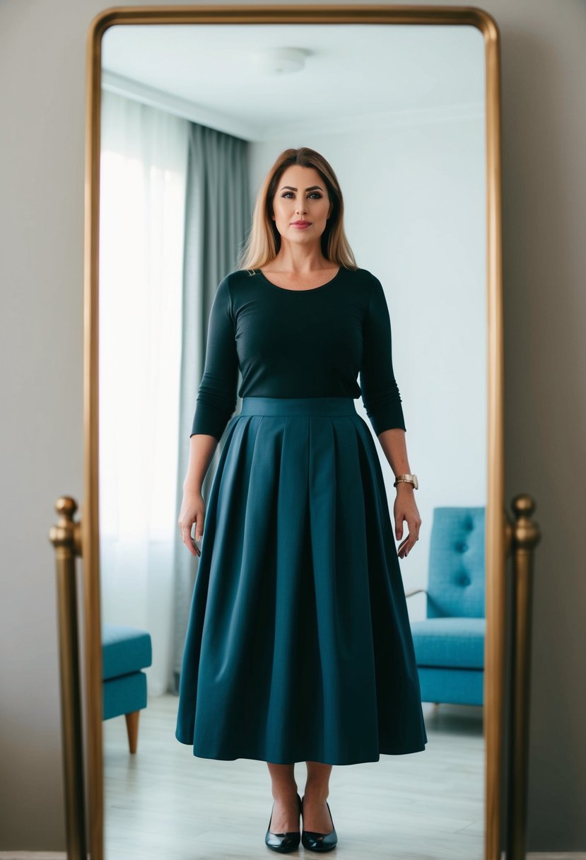 A woman standing in front of a mirror, wearing a skirt that is too long, creating a frumpy and unflattering silhouette