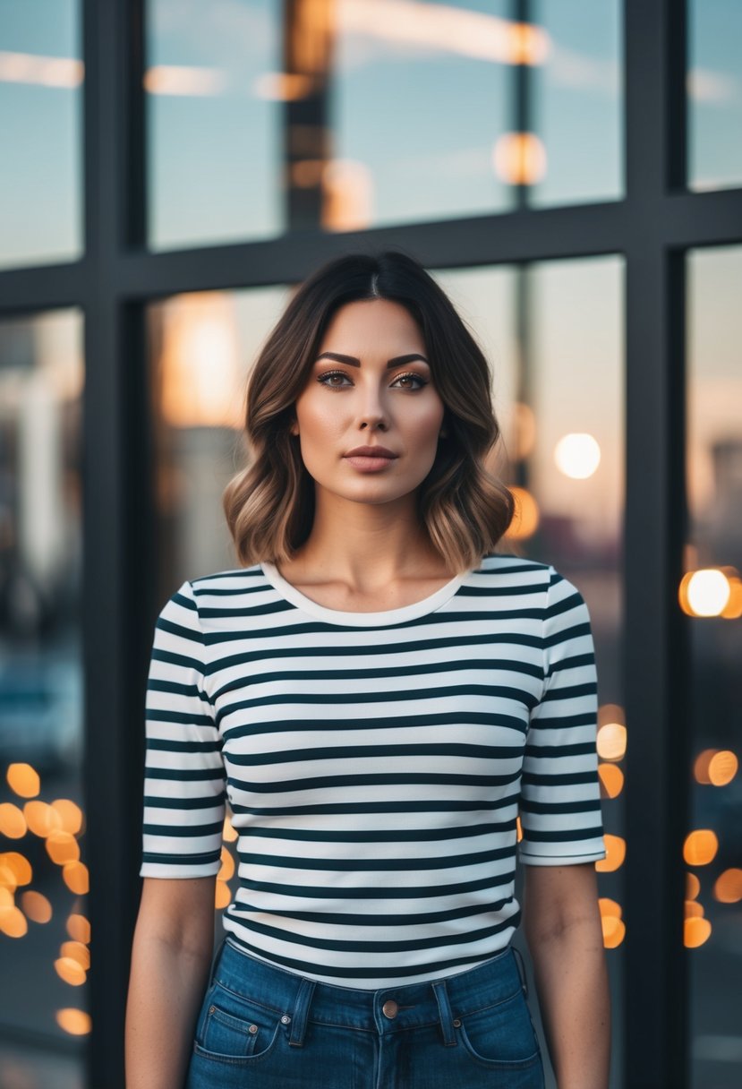 A woman wearing ill-fitting clothes with horizontal stripes