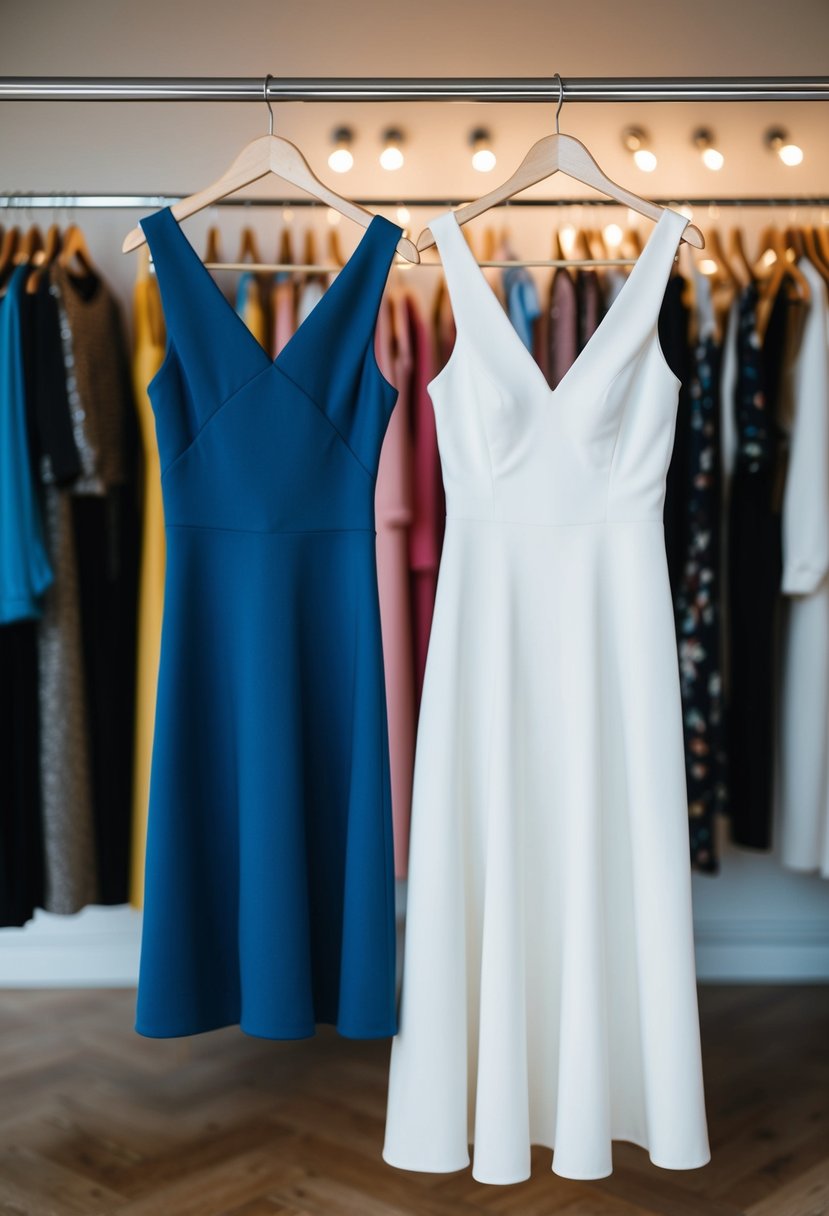 Two dresses, one too tight, one fitting perfectly, hanging side by side on a clothing rack