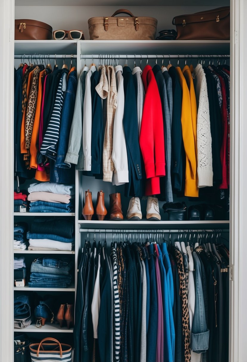 A cluttered closet bursting with oversized clothing and accessories