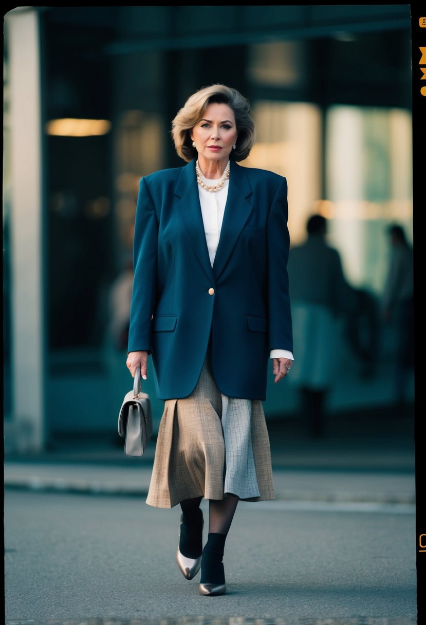 A woman wearing an oversized, outdated blazer with a frumpy skirt and mismatched accessories, giving off a dated and aging appearance
