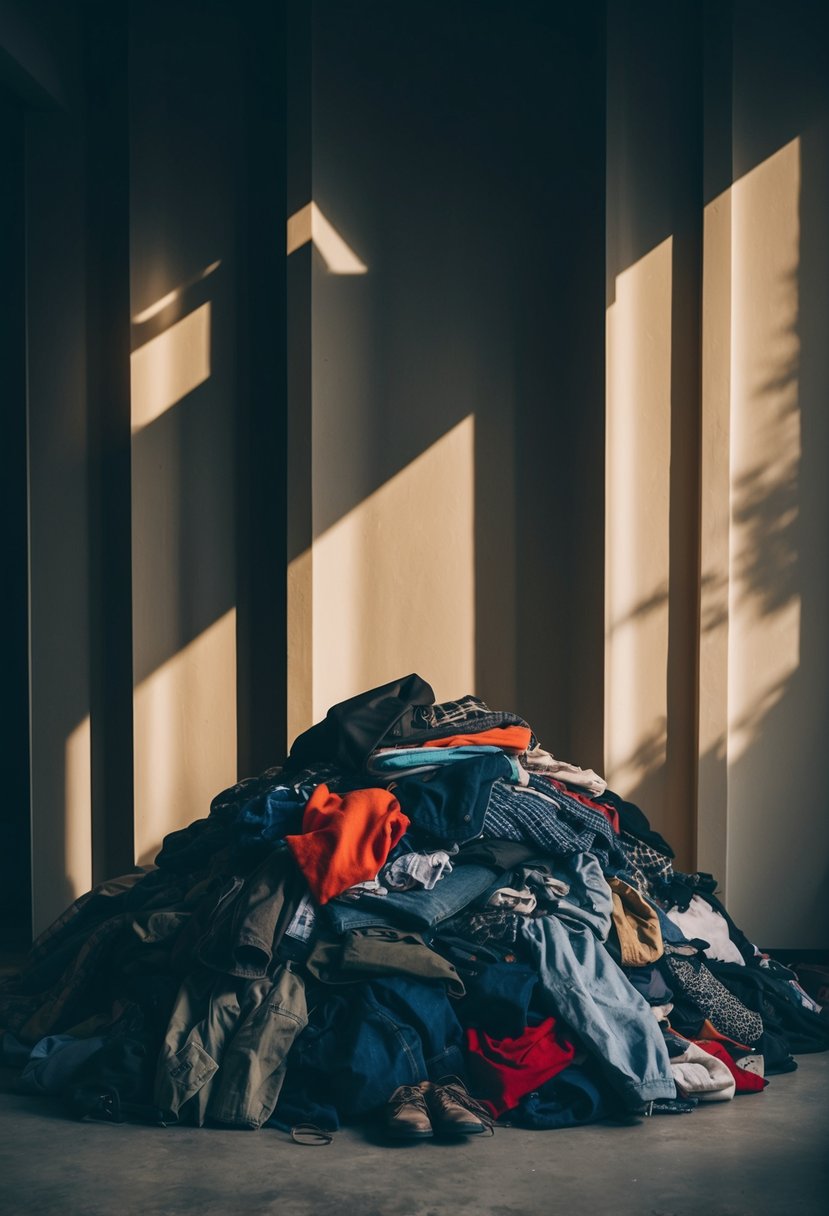 A pile of discarded clothing in various shapes and sizes, casting dramatic shadows