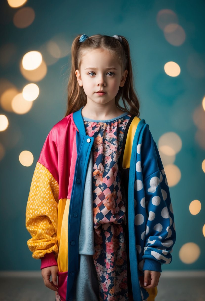 A young girl in a mismatched outfit, wearing oversized clothing and mismatched patterns, looking self-conscious