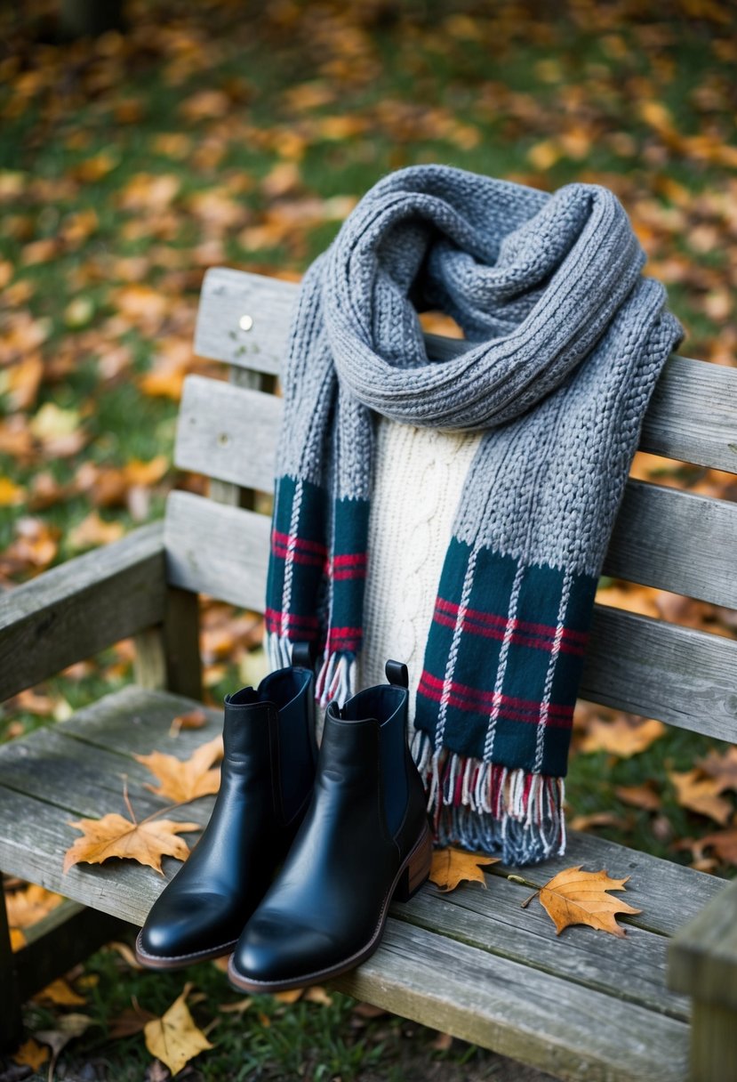 A cozy knit sweater, plaid scarf, and ankle boots lay on a rustic wooden bench surrounded by fallen leaves