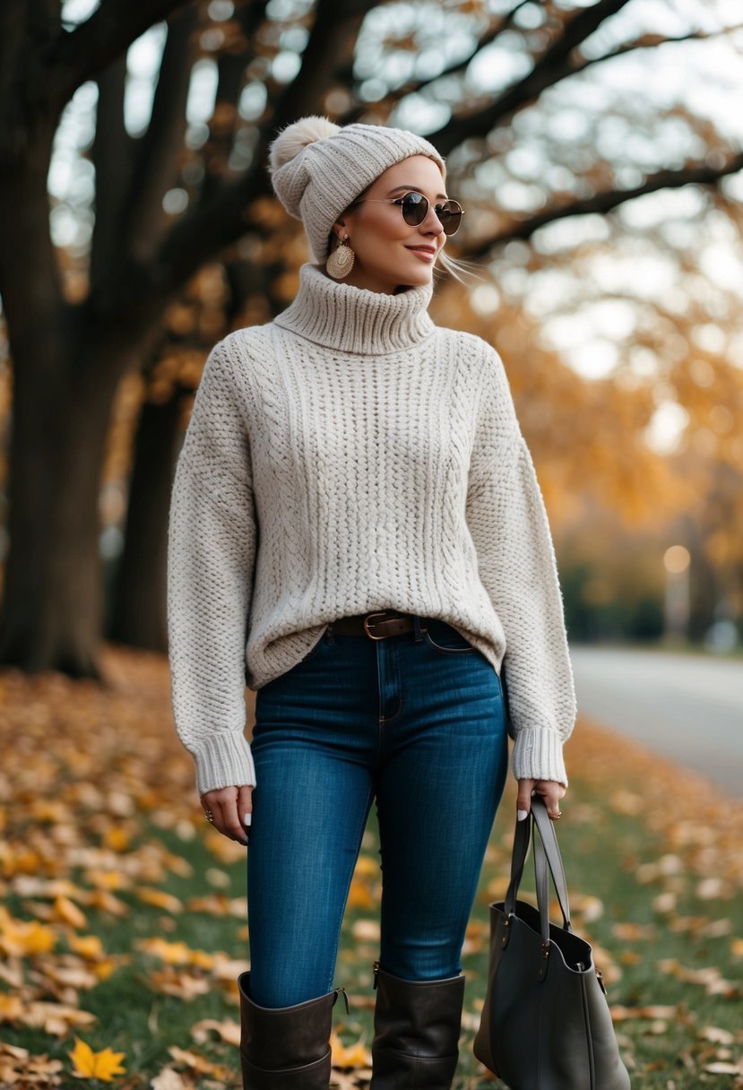 A cozy knitted turtleneck sweater paired with jeans and boots, surrounded by fallen leaves and a crisp autumn breeze