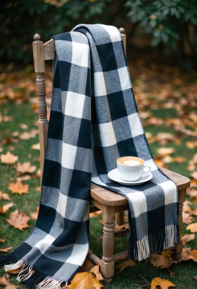 A plaid blanket scarf draped over a rustic wooden chair, surrounded by fallen leaves and a steaming cup of coffee