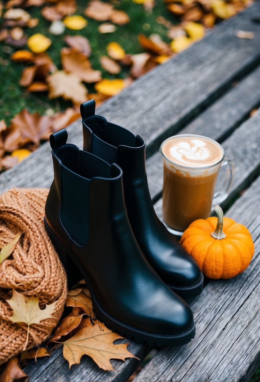 A pair of ankle boots with a chunky heel placed next to a pile of fallen leaves, a cozy scarf, and a pumpkin spice latte on a rustic wooden bench