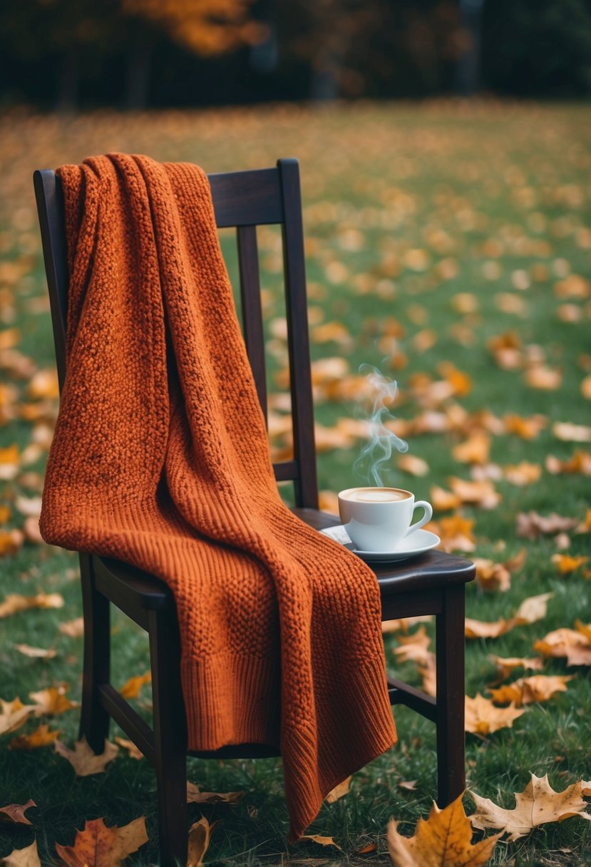 A rust-colored cardigan draped over a wooden chair, surrounded by fallen leaves and a steaming cup of coffee on a crisp autumn morning