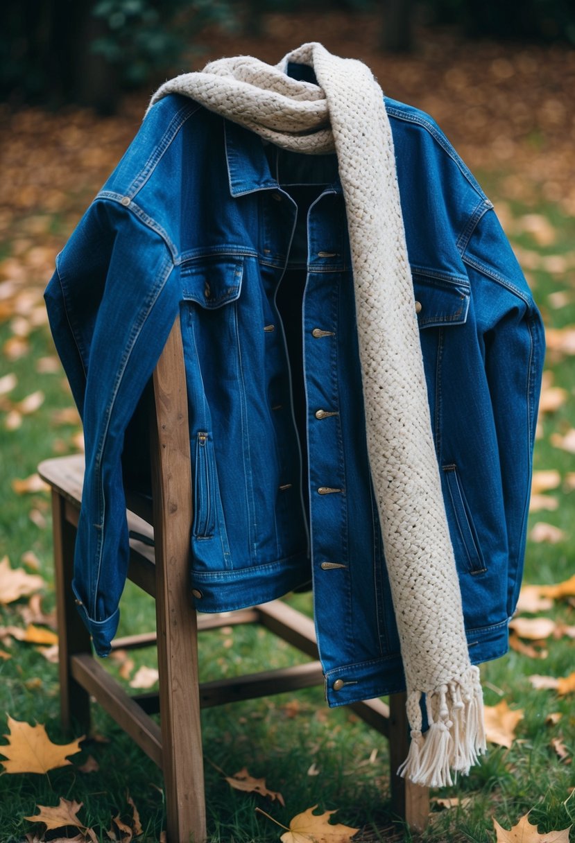 An oversized denim jacket draped over a rustic wooden chair, surrounded by fallen leaves and a cozy scarf