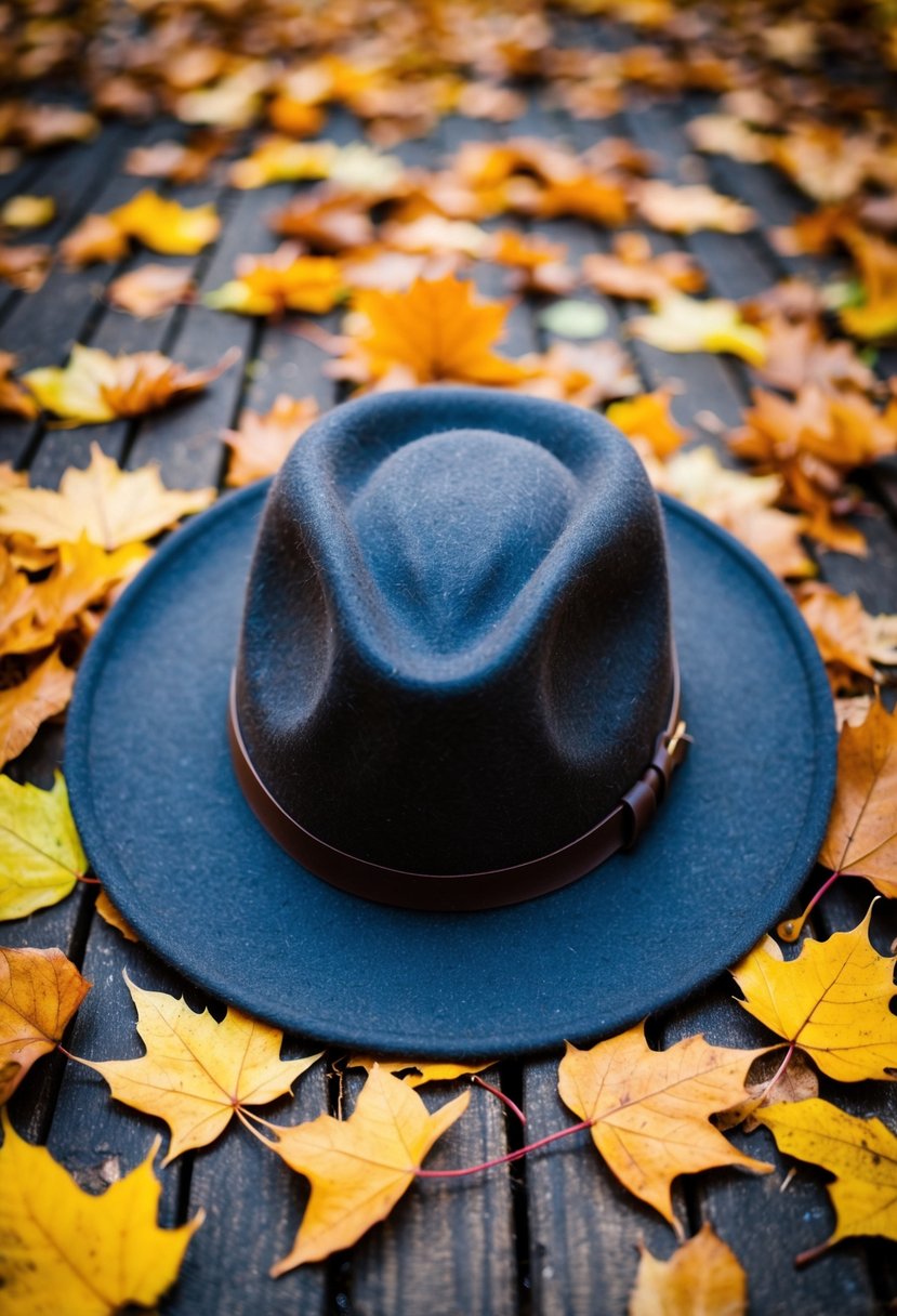 A wool fedora hat surrounded by fallen leaves and autumn accessories