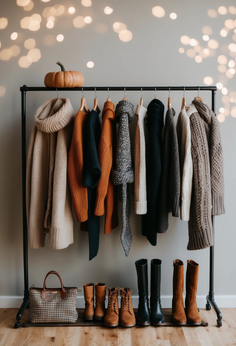A cozy and stylish fall wardrobe displayed on a clothing rack, featuring sweaters, scarves, boots, and other seasonal accessories