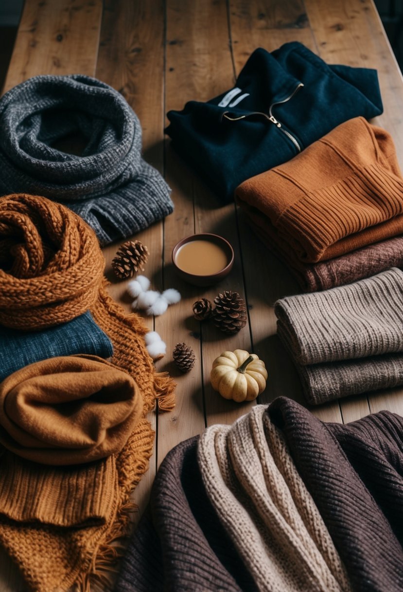 A cozy autumnal wardrobe spread out on a wooden table, featuring layering techniques with scarves, sweaters, and jackets in warm earthy tones