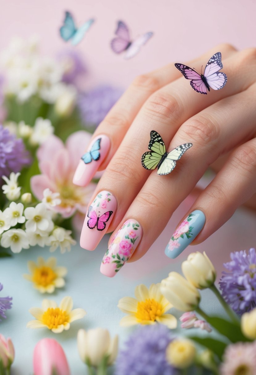 A colorful array of floral and pastel nail designs, with dainty butterflies and blooming flowers, set against a soft, springtime background