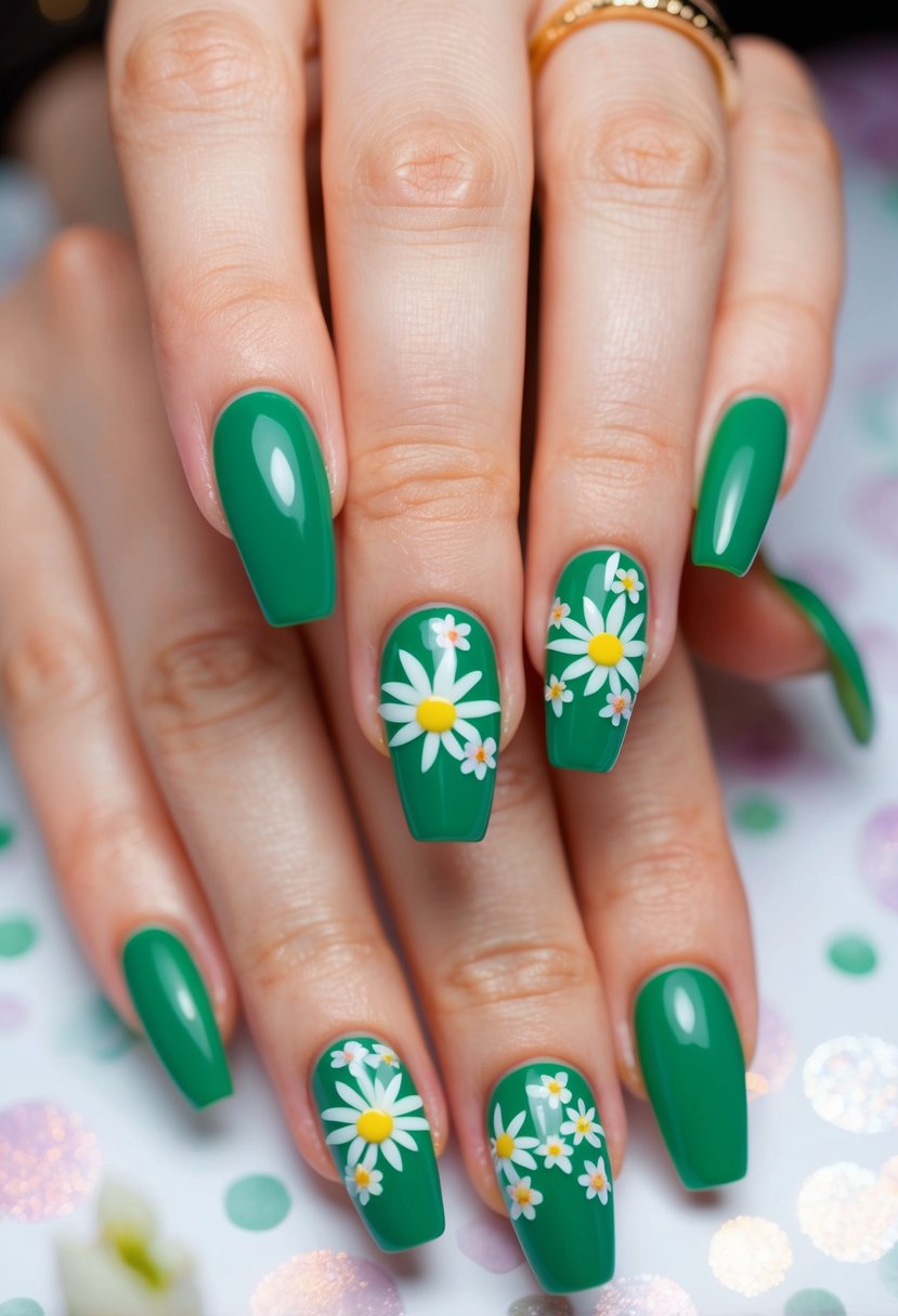 Green-tipped nails adorned with small flowers in a spring-themed nail design