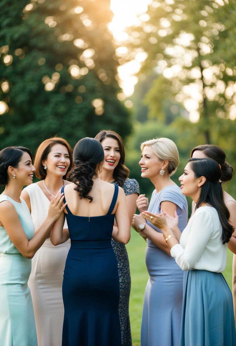 A group of elegant women stand in a circle, gossiping and laughing, while one woman looks disapprovingly from a distance