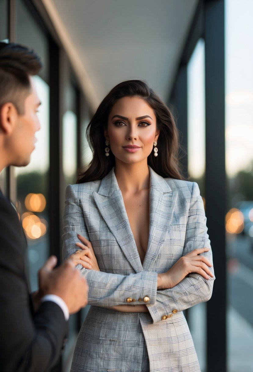 A woman in a sophisticated outfit, confidently ignoring someone seeking her attention through provocative behavior