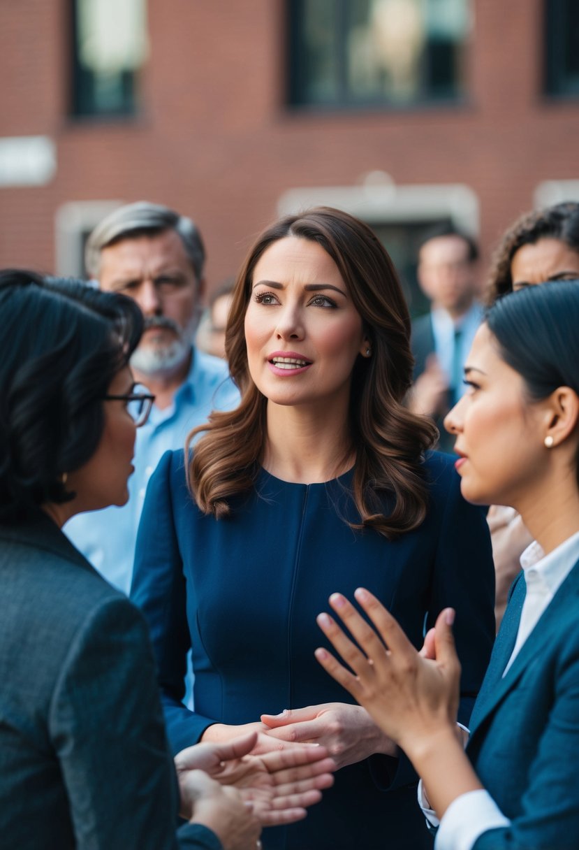 A woman talking while another woman tries to speak, with a disapproving look from onlookers