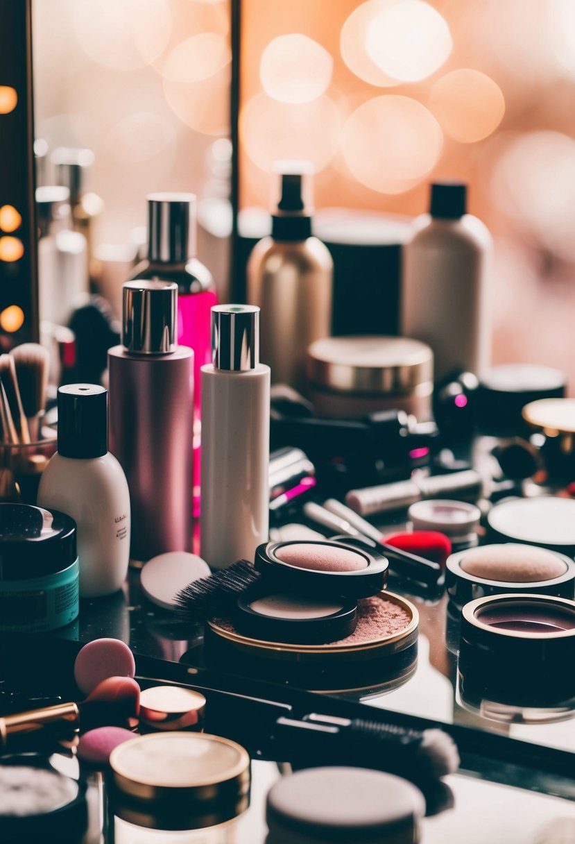 A cluttered vanity table with neglected beauty products and scattered hair accessories