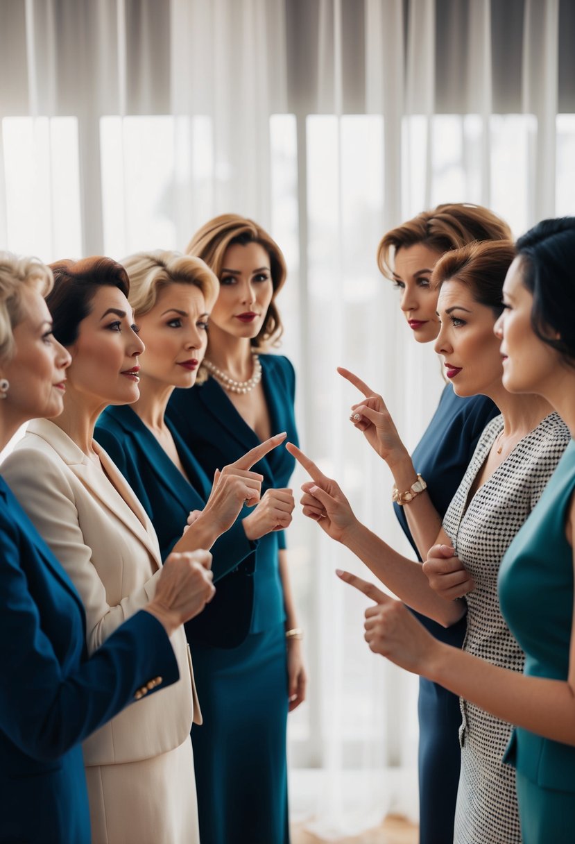 A group of elegant women stand in a circle, gossiping and pointing fingers at an absent figure, their expressions filled with judgment and disdain