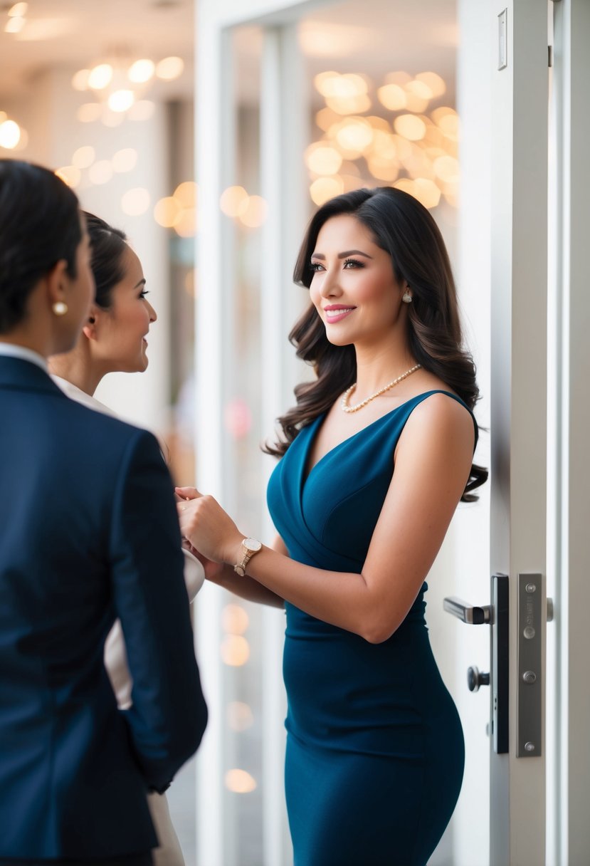 A woman confidently holds the door open for others, displaying grace and courtesy