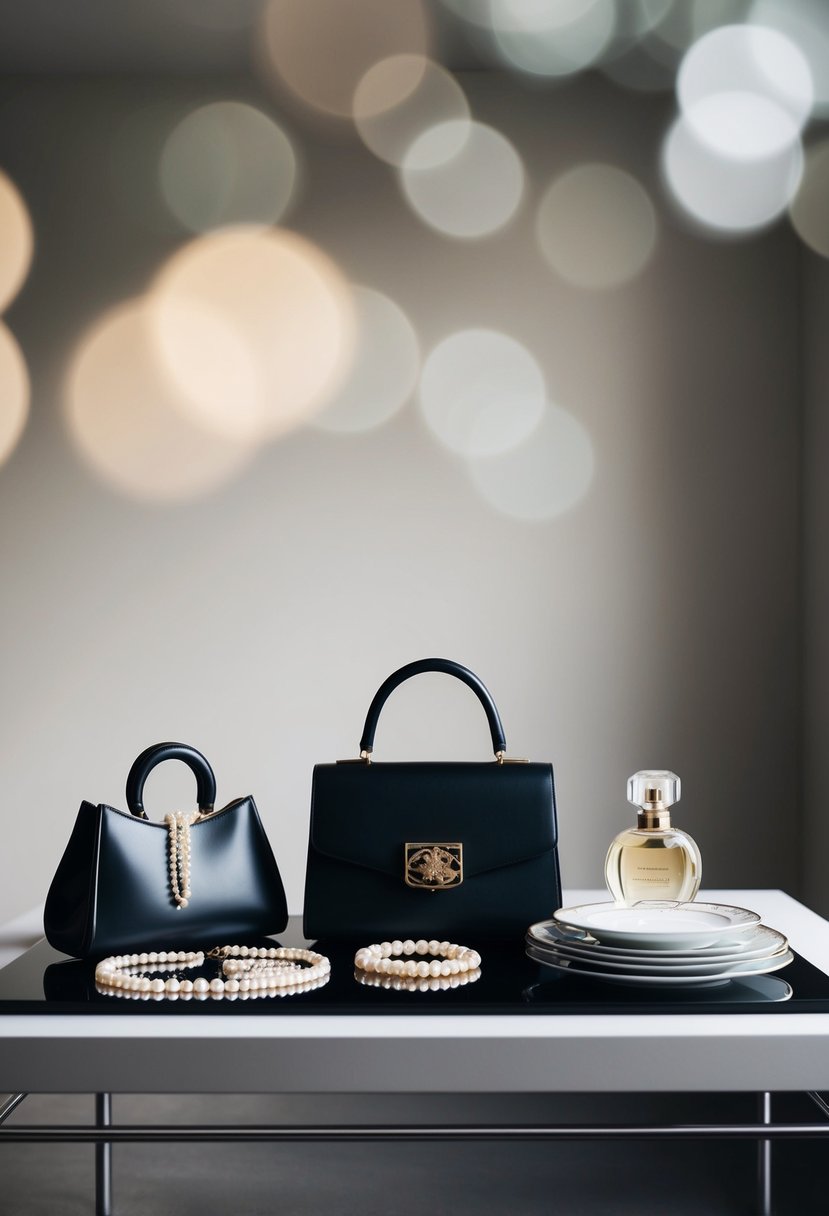 A group of elegant objects neatly arranged on a sleek table, including a pearl necklace, a designer handbag, a bottle of perfume, and a set of fine china