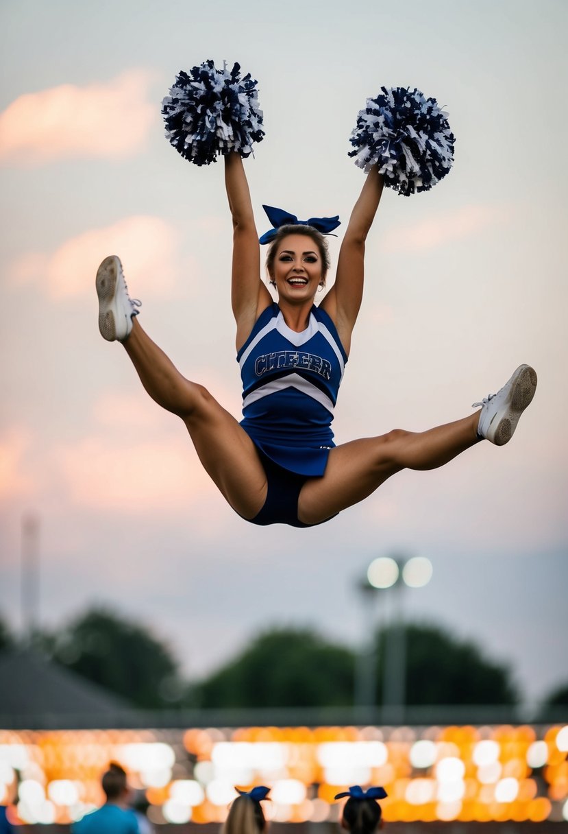 A cheerleader mid-air, legs extended, arms raised in a perfect split jump