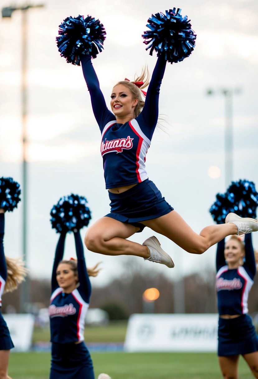 A cheerleader mid-jump, legs extended, arms raised in perfect formation, pom-poms in motion, captured at just the right moment
