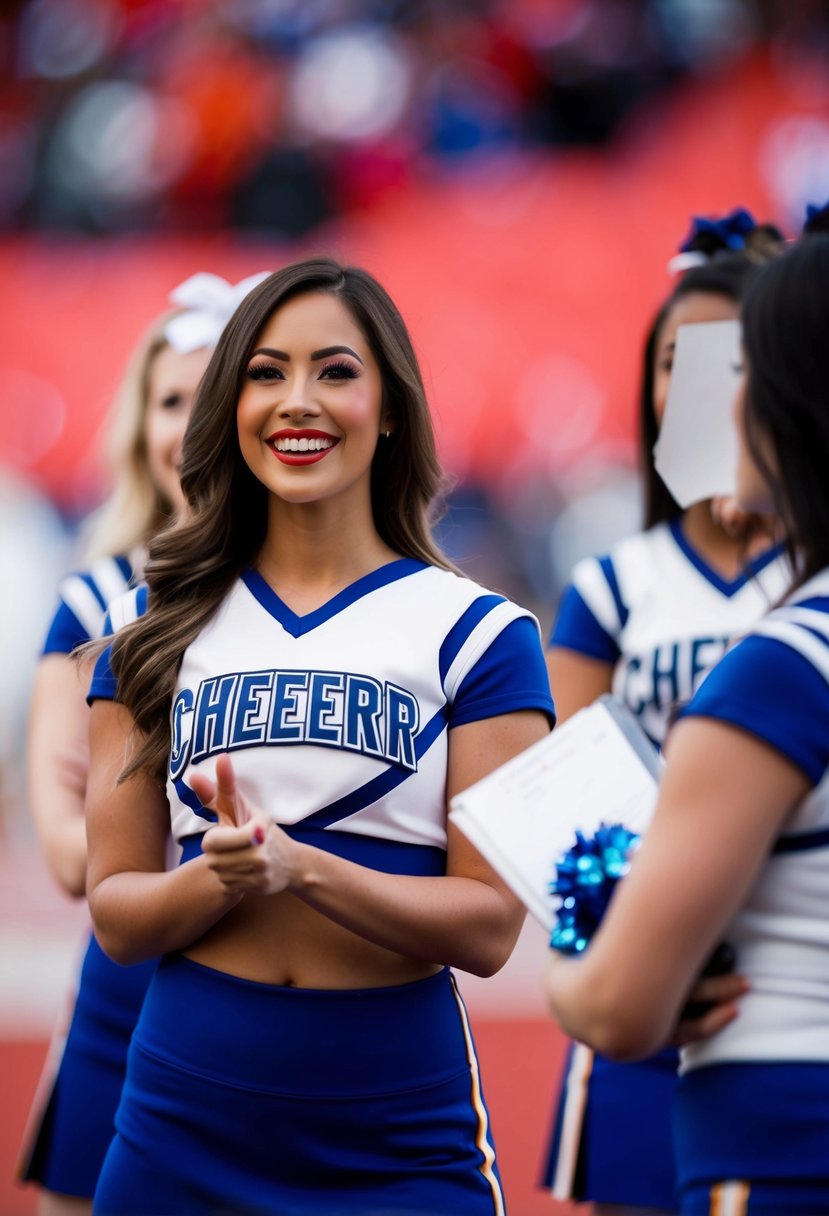 A cheerleader confidently answers questions with a bright smile