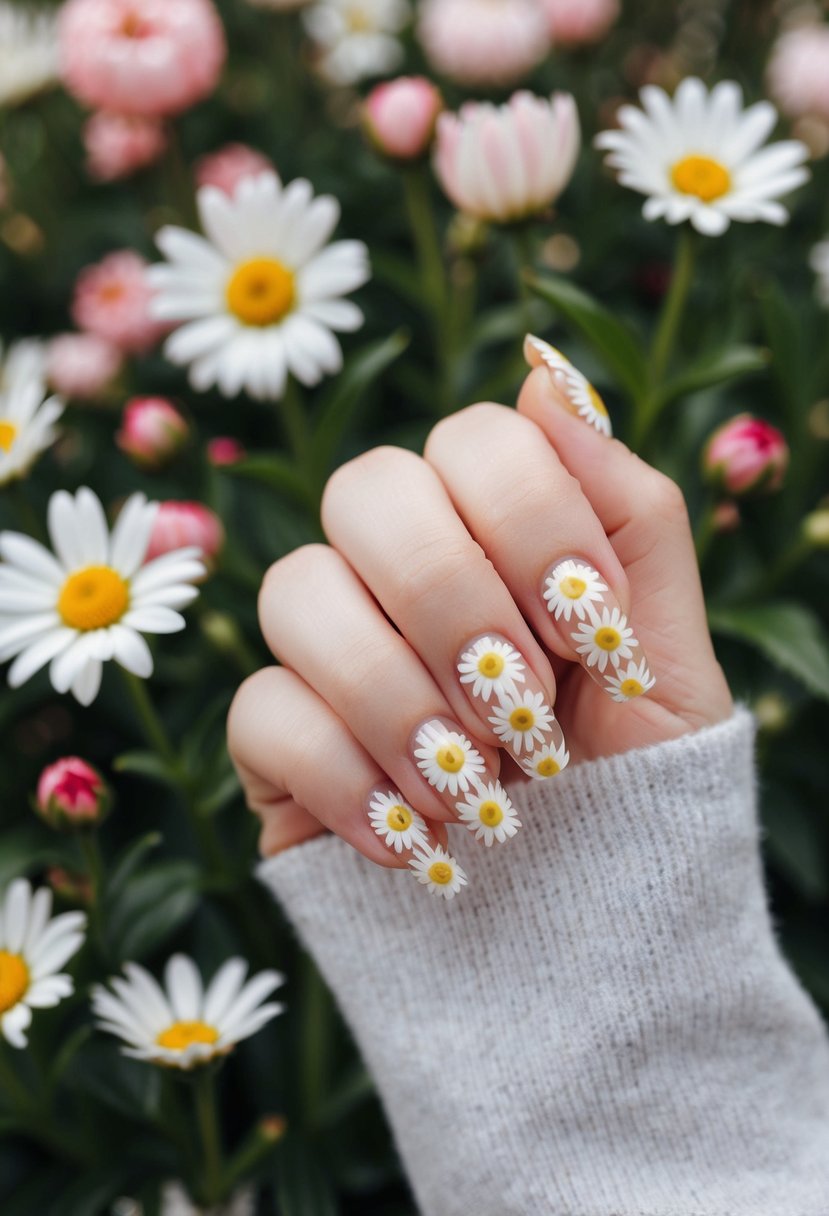 Fresh daisy-patterned acrylic nails against a background of blooming spring flowers