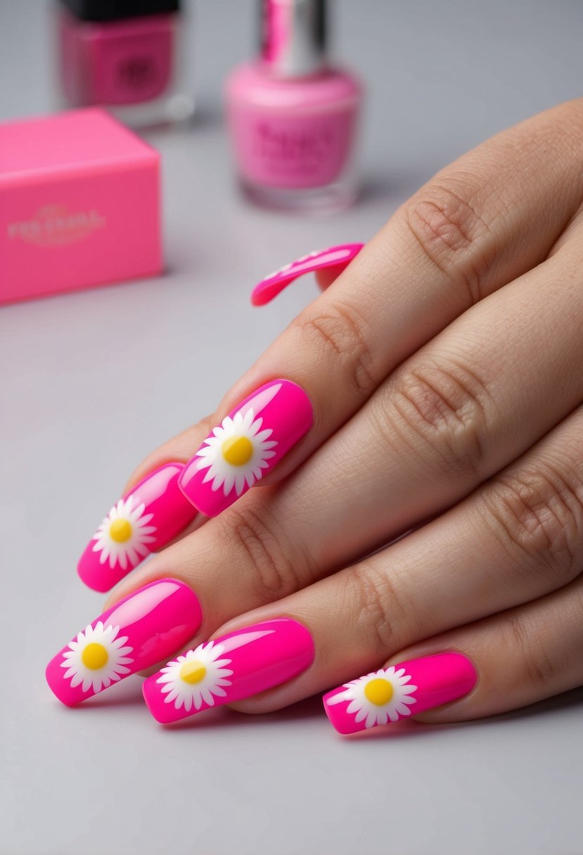 Pink acrylic nails with daisy pattern on a flat surface