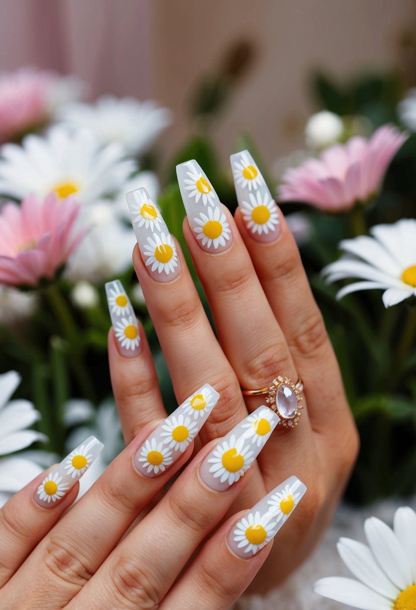 Elegant acrylic nails with daisy pattern