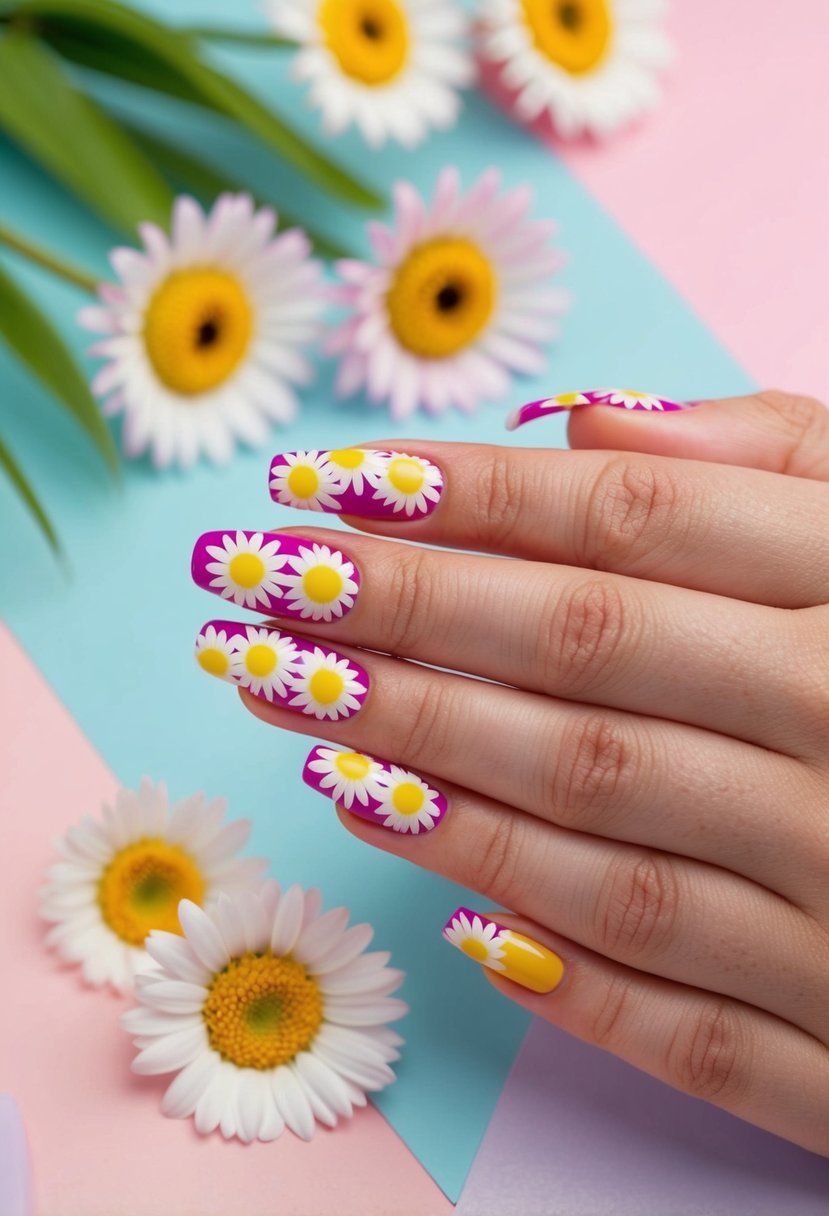 A close-up of vibrant daisy acrylic nails against a pastel spring background