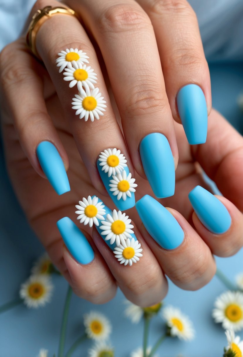 Matte sky blue acrylic nails adorned with daisy flowers