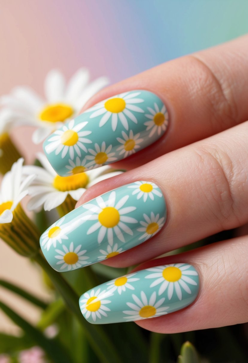 A close-up of pure spring nails with a daisy pattern, featuring delicate white petals and yellow centers against a pastel background