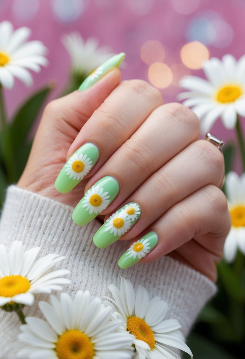 A hand with fresh spring acrylic nails, adorned with daisy designs