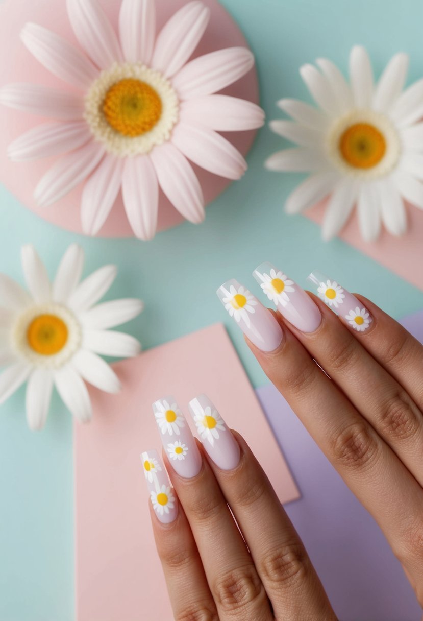 Minimalist acrylic nails with dainty daisy patterns on a clean, pastel background