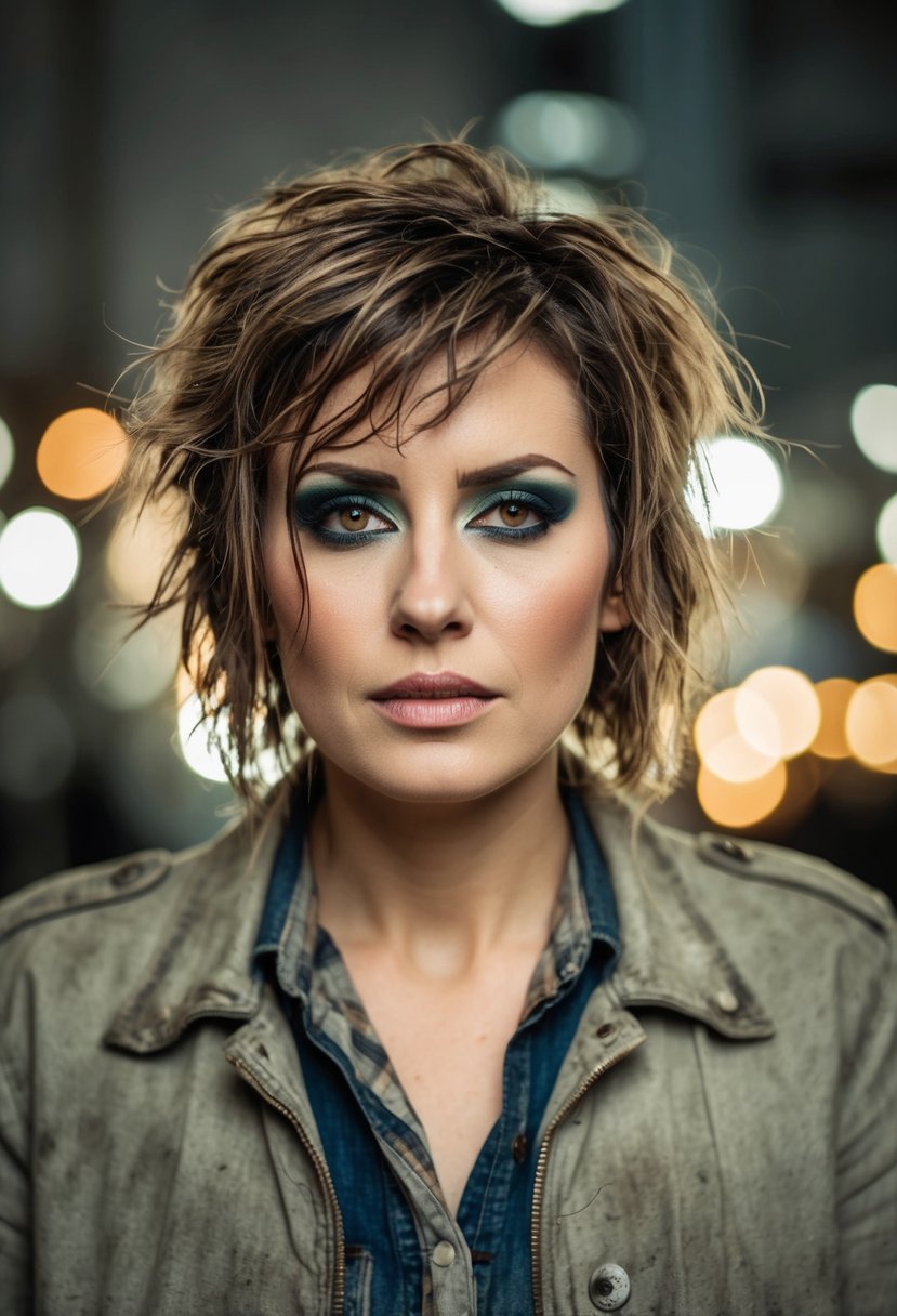 A woman with unkempt, greasy hair wearing outdated clothing and heavy makeup