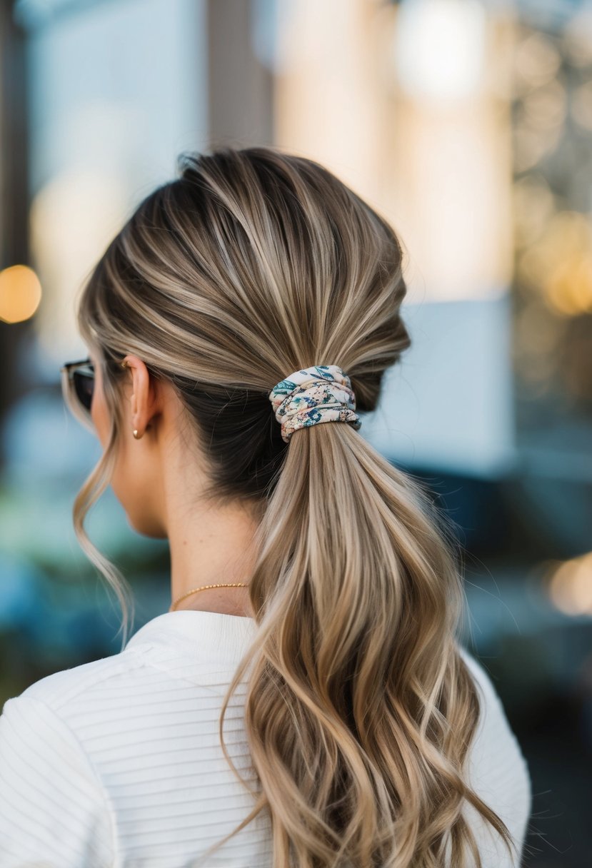 A high ponytail secured with a fabric hair tie, styled with volume and bounce, exuding a casual and effortless vibe