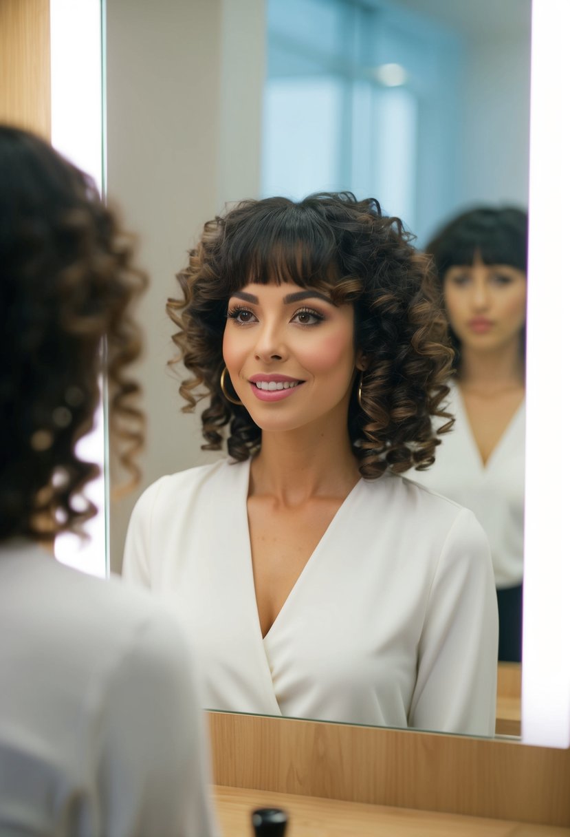 A woman with curly hair and bangs tries on different hairstyles in front of a mirror, looking for a new look