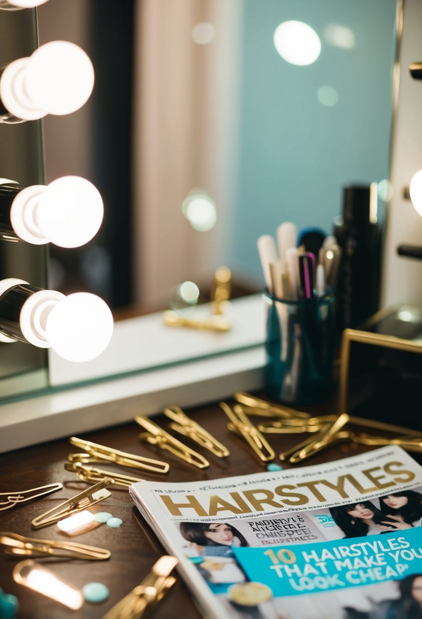 A cluttered vanity with scattered invisible hairpins and a magazine featuring "10 hairstyles that can make you look cheap."
