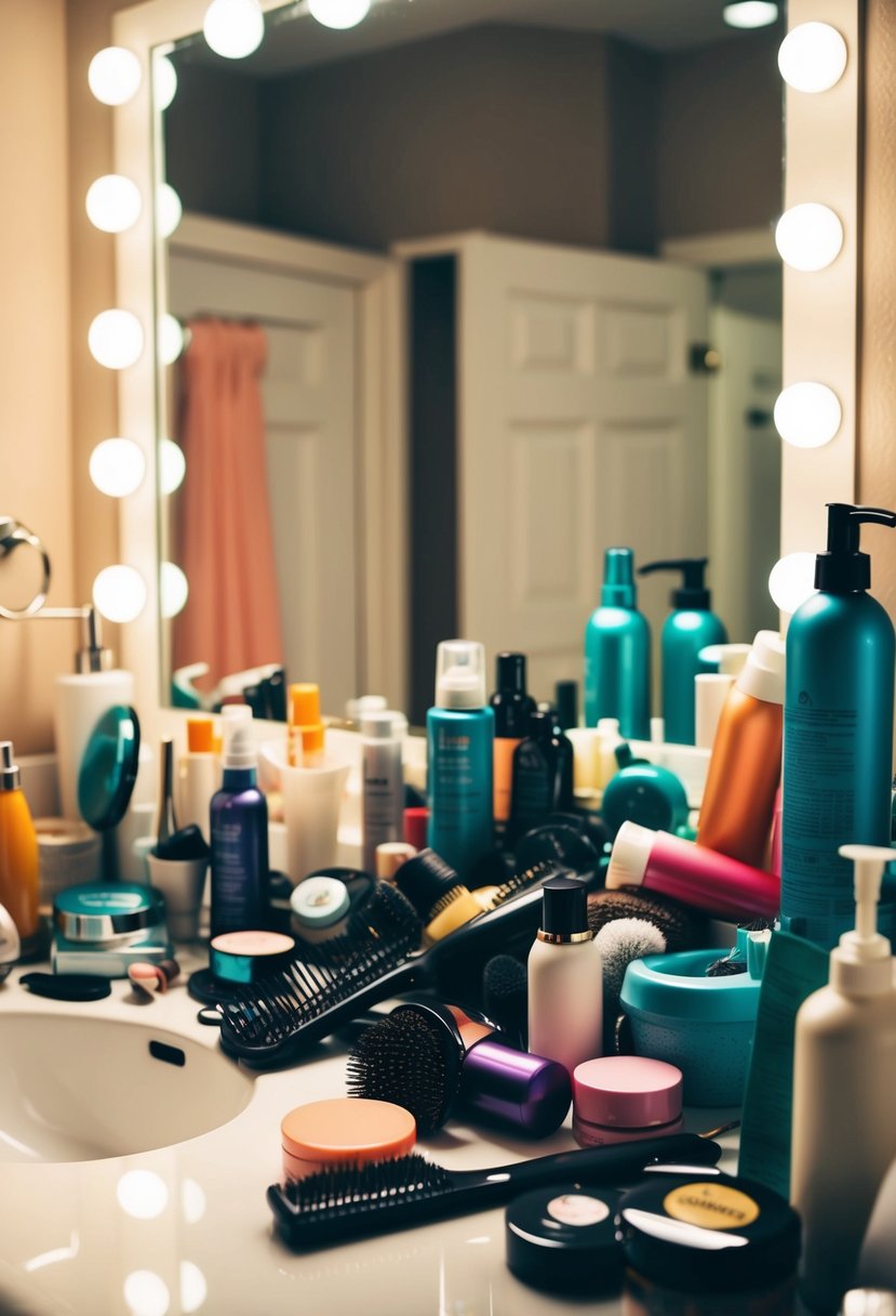 A cluttered bathroom counter with various hair styling products overflowing and scattered around