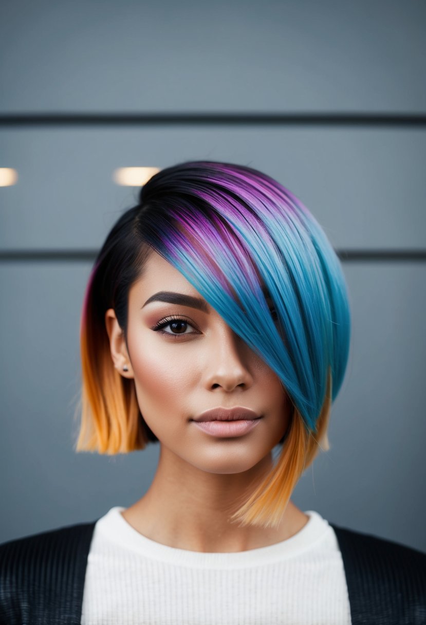 A model with acidic ombré hair stands against a stark background, showcasing a visible edge in her sleek hairstyle