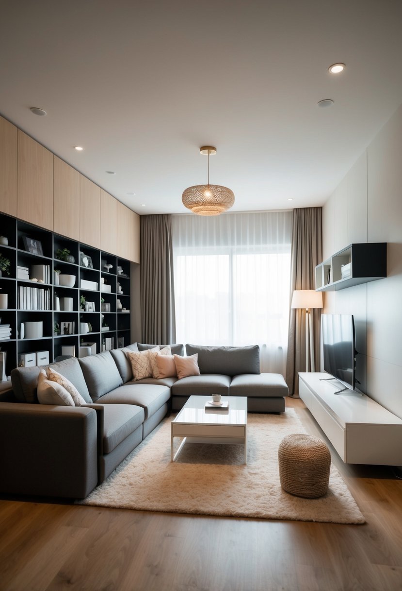 A cozy living room with sleek, multi-functional furniture and clever storage solutions to create a spacious and clutter-free environment