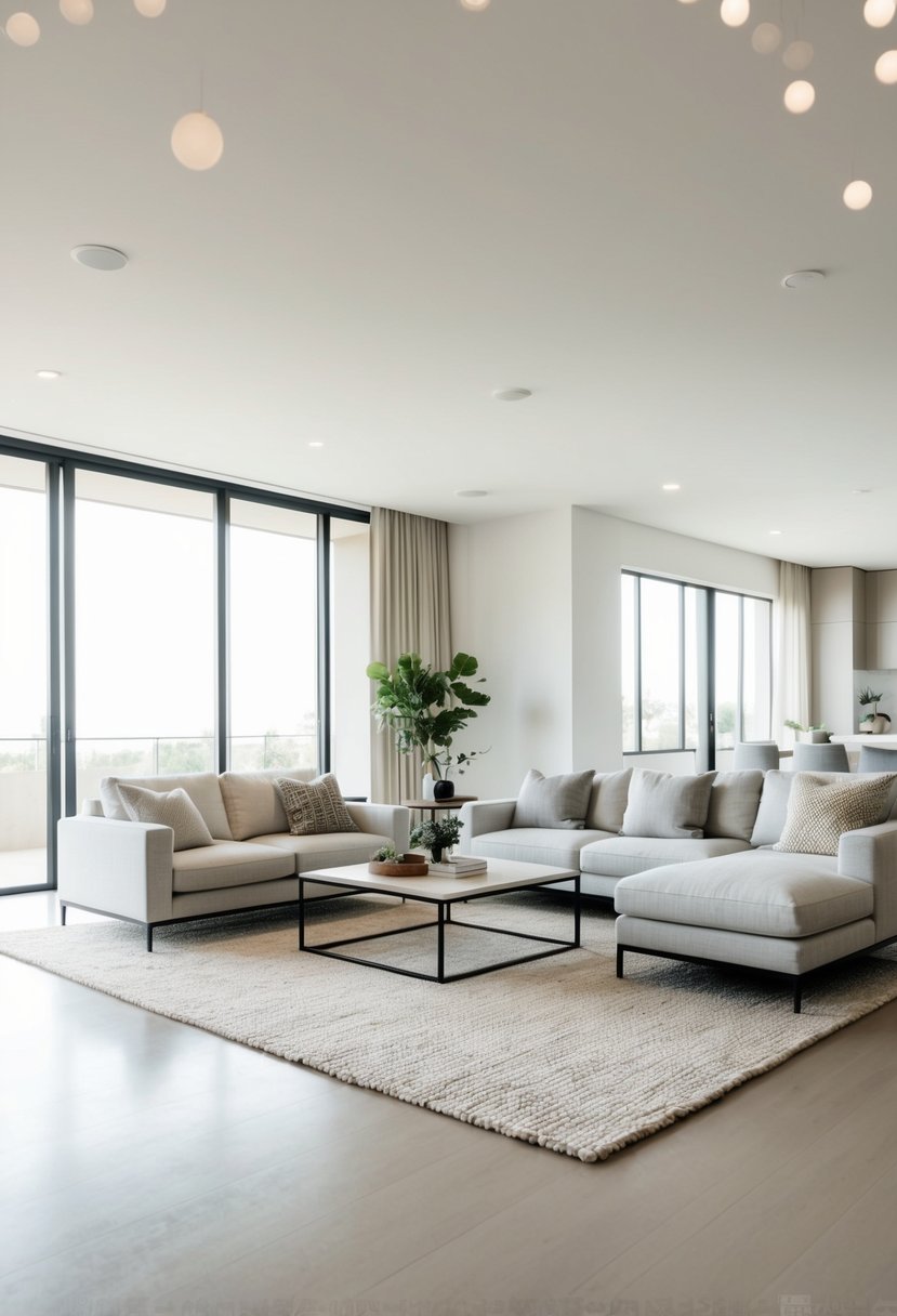 A spacious living room with neutral tones, clean lines, and minimal furniture to create an open and airy atmosphere
