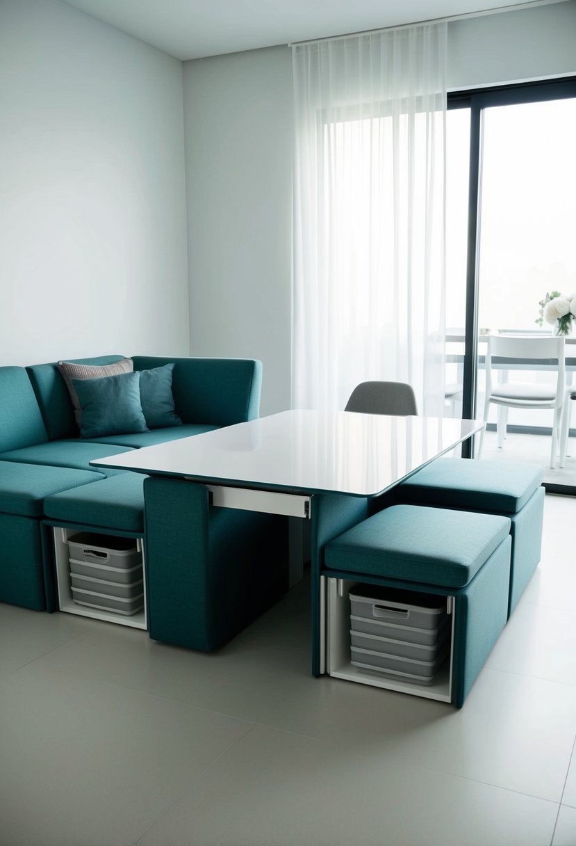 A sleek, modular sofa transforms into a dining table, while hidden storage compartments reveal themselves in a clutter-free, minimalist living room